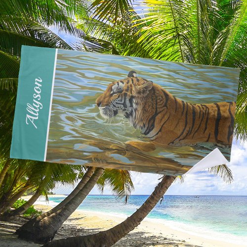 Tiger Swimming Painting White Script Name Teal Beach Towel