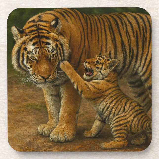 Tiger Tenderness - Parent and Cub in Forest Beverage Coaster (Front)