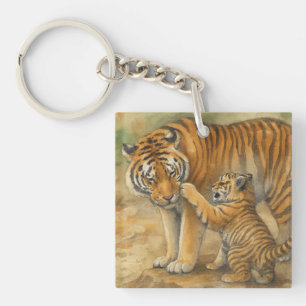 Tiger Tenderness - Parent and Cub in Forest Keychain