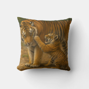 Tiger Tenderness - Parent and Cub in Forest Throw Pillow