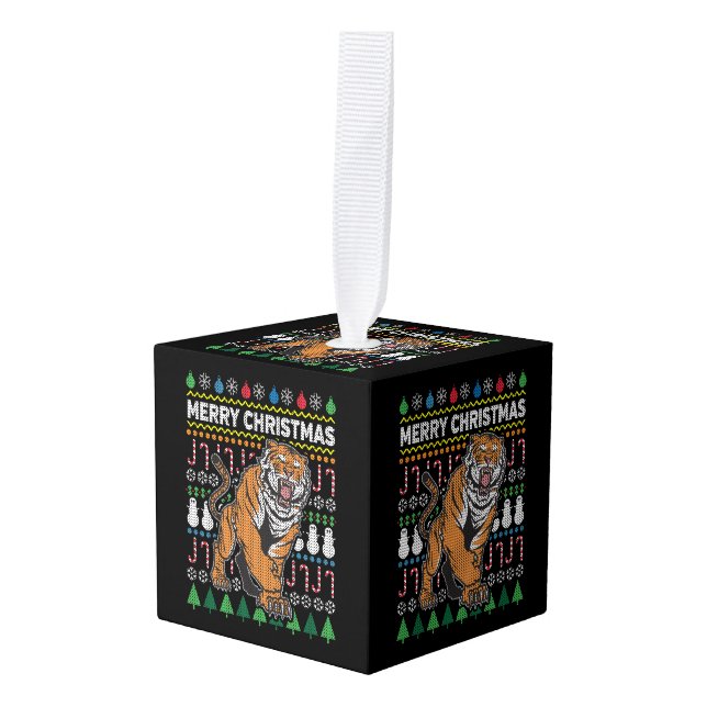 Tiger Ugly Christmas Sweater Wildlife Series Cube Ornament (Front Angled)