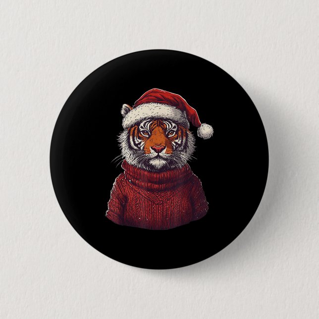 Tiger Ugly Sweater Santa Hat Christmas  Button (Front)
