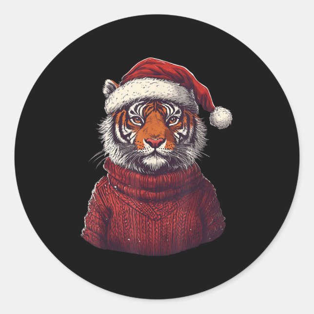 Tiger Ugly Sweater Santa Hat Christmas  Classic Round Sticker (Front)