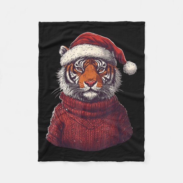 Tiger Ugly Sweater Santa Hat Christmas  Fleece Blanket (Front)