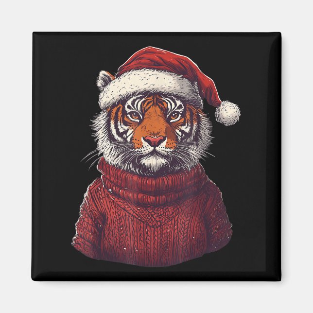 Tiger Ugly Sweater Santa Hat Christmas  Magnet (Front)