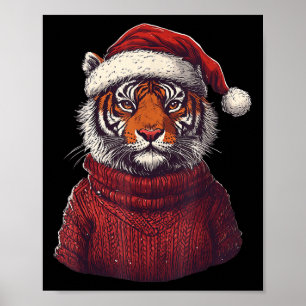 Tiger Ugly Sweater Santa Hat Christmas Poster