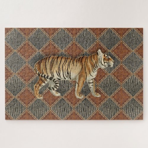 Tiger Vintage Print Rust Leather Snake Skin Gilded Jigsaw Puzzle