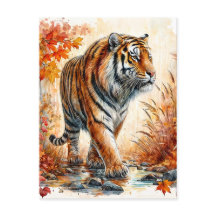 Tiger Walking In Autumn Watercolor