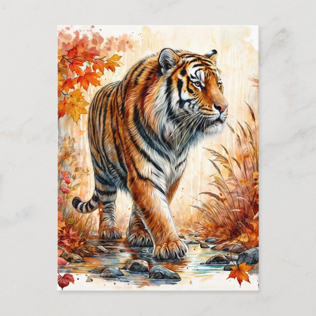 Tiger Walking In Autumn Watercolor Postcard (Front)