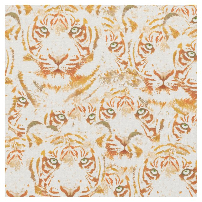 Tiger Watercolor Faces Pattern Fabric (Close Up)