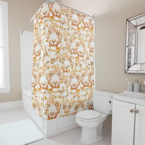 Tiger Watercolor Faces Pattern Shower Curtain