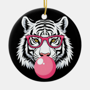 Tiger Wearing Glasses and Blowing Pink Bubble Gum Ceramic Ornament