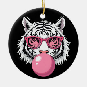 Tiger Wearing Glasses and Blowing Pink Bubble Gum Ceramic Ornament