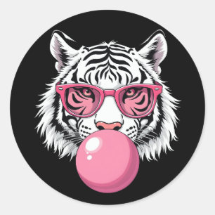 Tiger Wearing Glasses and Blowing Pink Bubble Gum Classic Round Sticker