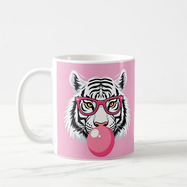 Tiger Wearing Glasses and Blowing Pink Bubble Gum Coffee Mug (Left)