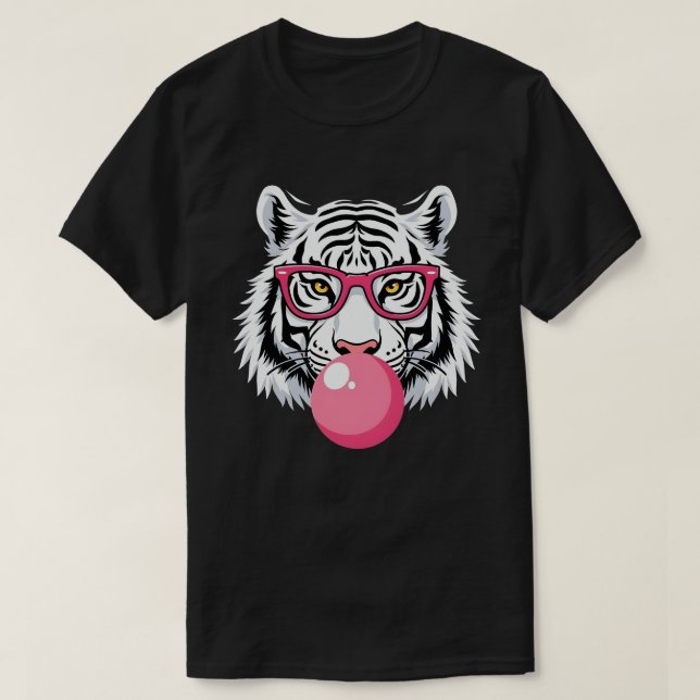 Tiger Wearing Glasses and Blowing Pink Bubble Gum T-Shirt (Design Front)