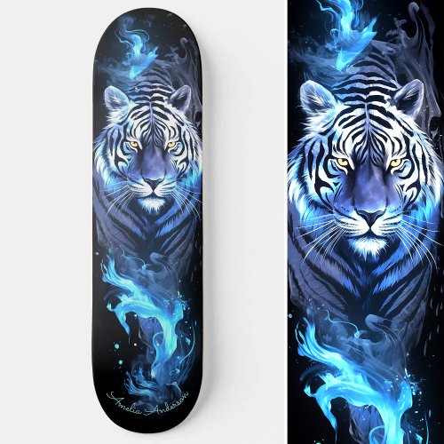 Tiger White  Blue Glowing Cool Style Skateboard