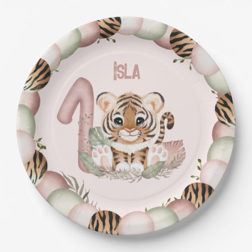 Tiger Wild One Girl Pink 1st Birthday Paper Plate