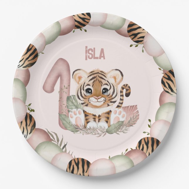 Tiger Wild One Girl Pink 1st Birthday Paper Plate (Front)