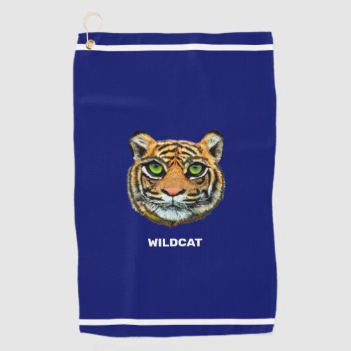 Tiger  Wildcat Text on Navy Blue  White Stripes Golf Towel