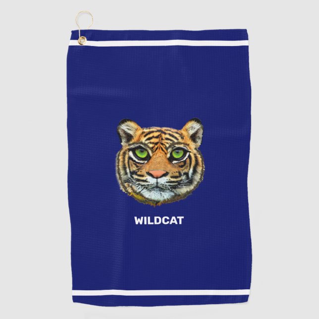 Tiger & Wildcat Text on Navy Blue & White Stripes Golf Towel (Front)