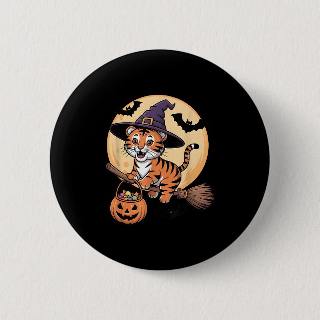 Tiger Witch Hat Pumpkin Halloween Costume Men Wome Button (Front)