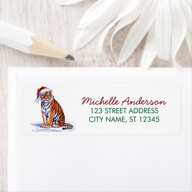 tiger with a Santa hat Christmas Return Address Label (Insitu)