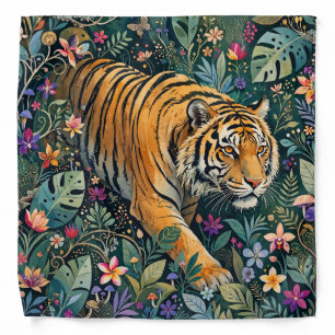 Tiger with Amber Eyes Fantasy Jungle Foliage Bandana