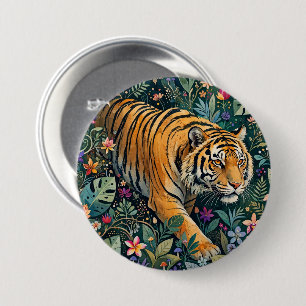 Tiger with Amber Eyes Fantasy Jungle Foliage Button