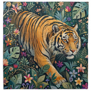 Tiger with Amber Eyes Fantasy Jungle Foliage Cloth Napkin