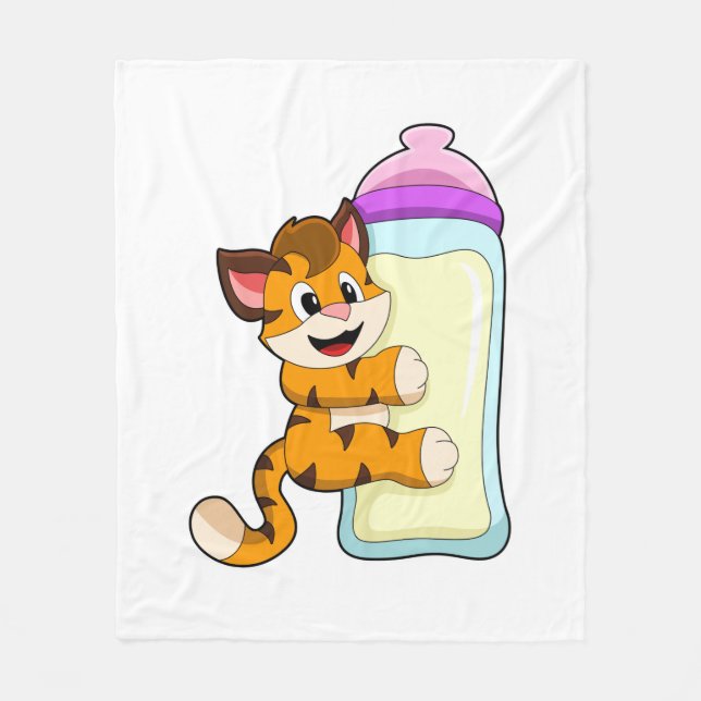 Tiger with Baby bottle of Milk Fleece Blanket (Front)