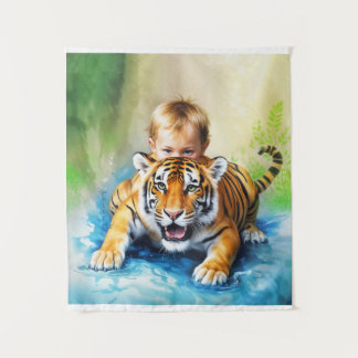 Tiger with baby boy Tapestry