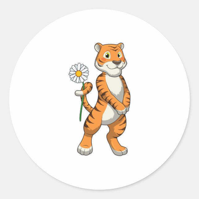 Tiger with Daisy Flower Classic Round Sticker (Front)