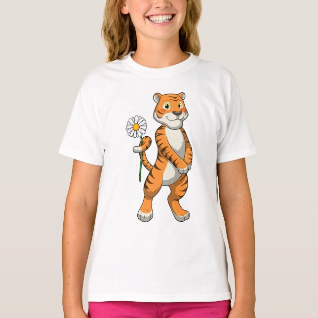 Tiger with Daisy Flower T-Shirt (Front)
