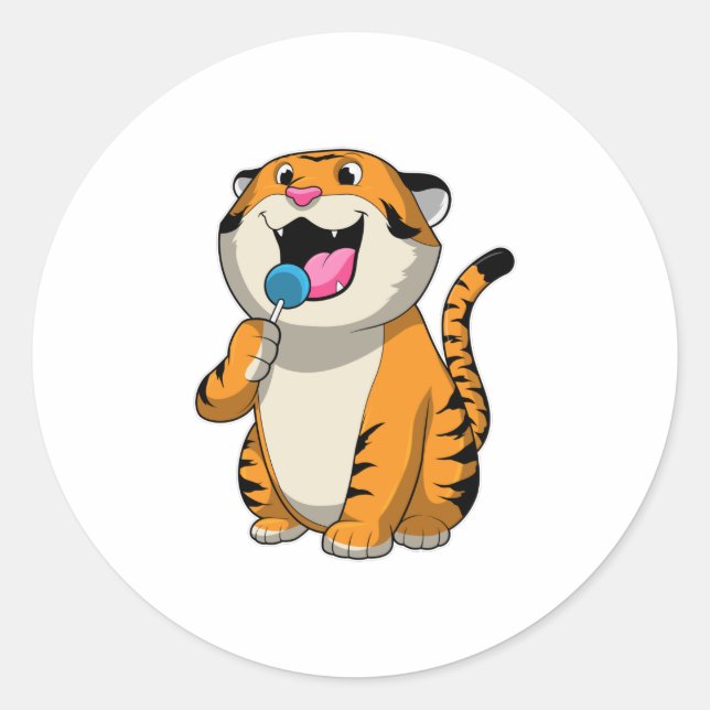 Tiger with Lollipop Classic Round Sticker (Front)