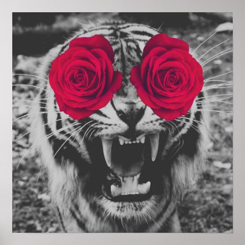Tiger With Red Rose Eyes Poster