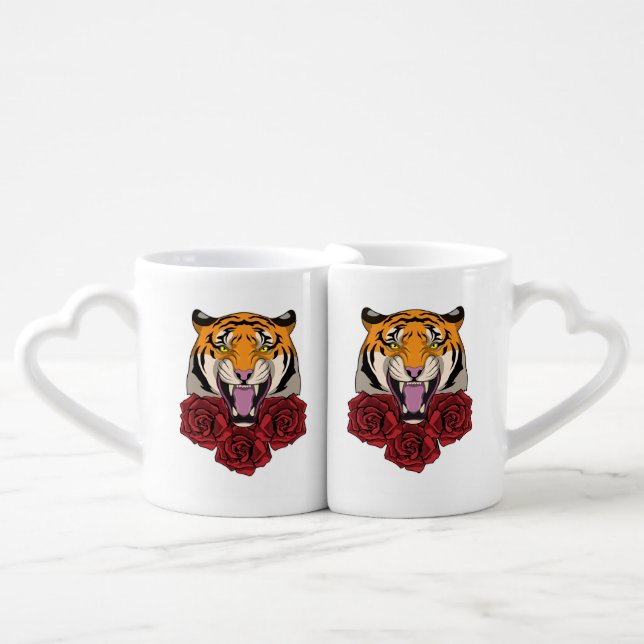 Tiger with Roses Coffee Mug Set (Front Nesting)