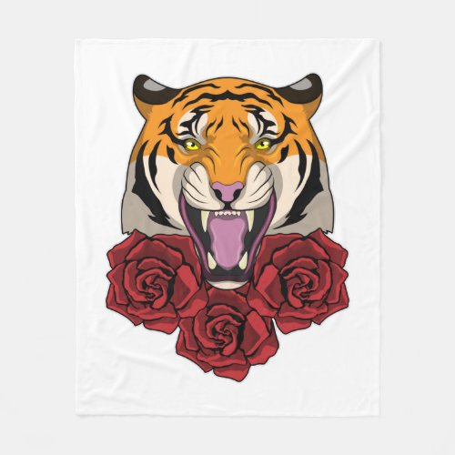 Tiger with Roses Fleece Blanket