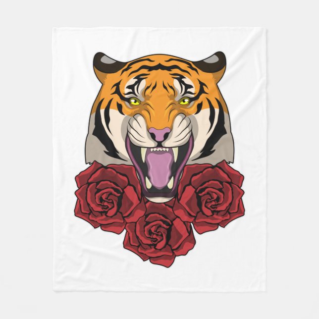 Tiger with Roses Fleece Blanket (Front)
