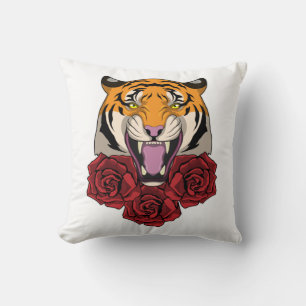 Tiger with Roses Throw Pillow