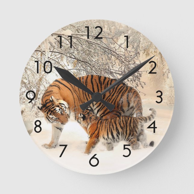Tiger With Tiger Cub In Snow Clock (Front)
