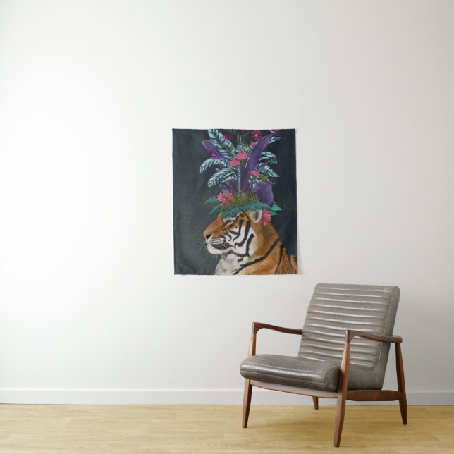 Tiger with Tropical Headpiece Tapestry (In Situ)
