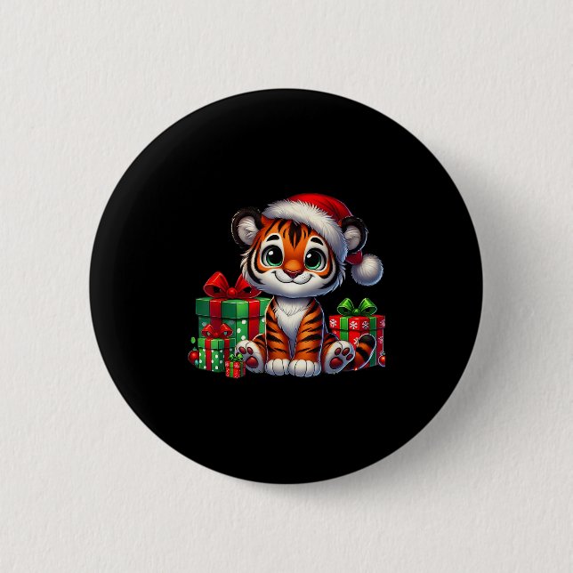 Tiger Xmas Lighting Santa Hat Tiger Christmas  Button (Front)