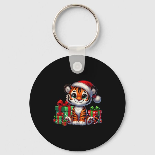 Tiger Xmas Lighting Santa Hat Tiger Christmas  Keychain (Front)