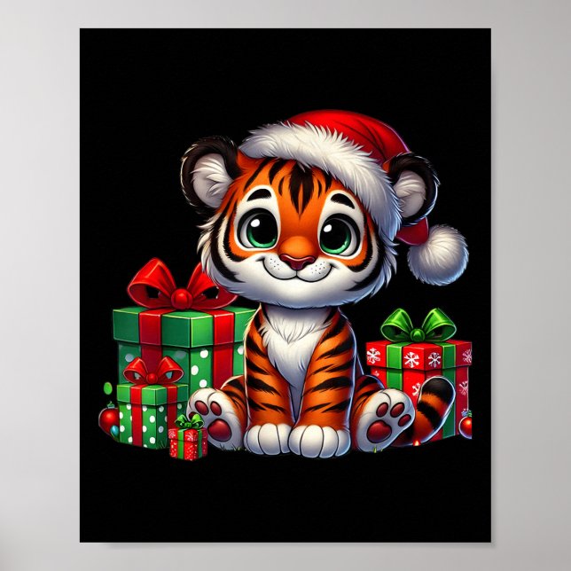 Tiger Xmas Lighting Santa Hat Tiger Christmas  Poster (Front)