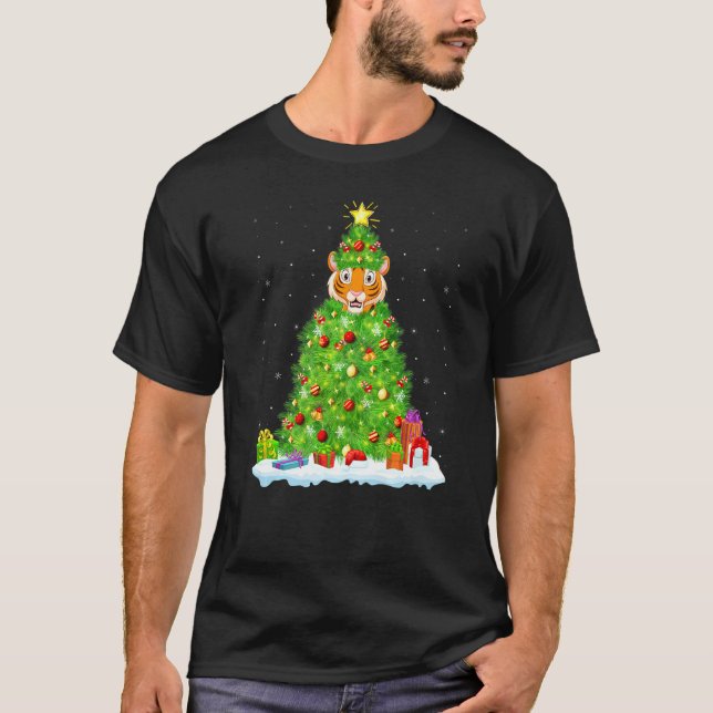 Tiger Xmas Lighting Tree Funny Tiger Christmas T-Shirt (Front)