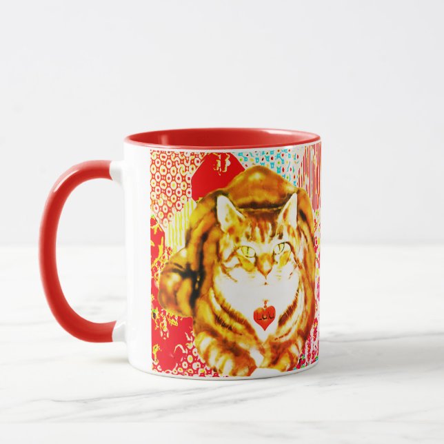 Tiger Yellow Cat Red Whimsical Background Mug (Left)