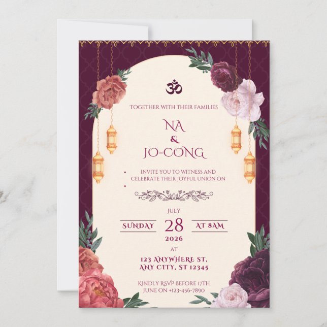 TigerNa Crimson Floral Wedding Invitation (Front)