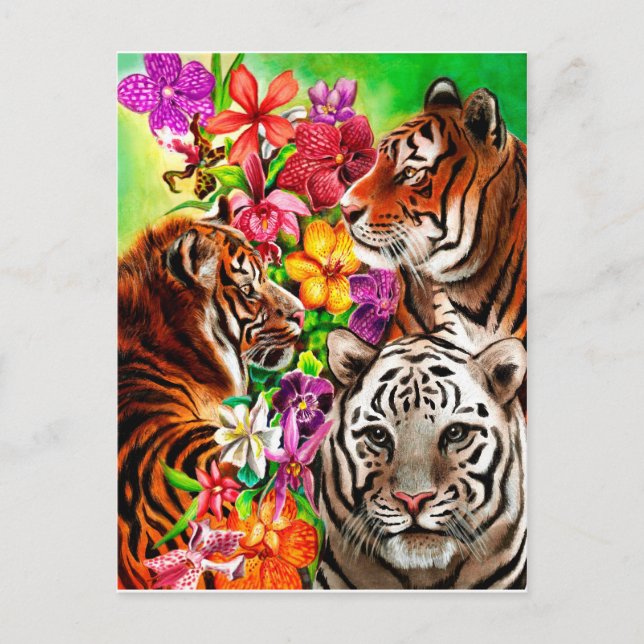 Tigers and Flowers Beautiful Jungle Artwork Postcard (Front)
