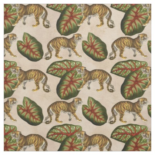 Tigers and Leaves on Tan Fabric